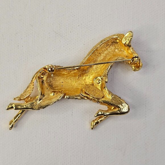Oleg Cassini 1964 Gold Tone Zebra Horse Brooch Clear Rhinestone Marked Pin VTG - Picture 2 of 7